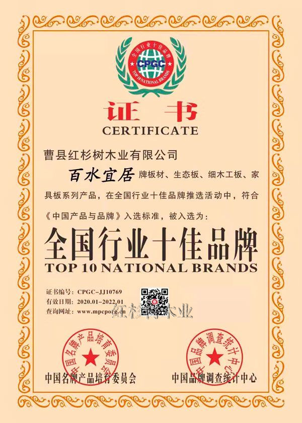 天下行业十佳品牌证书